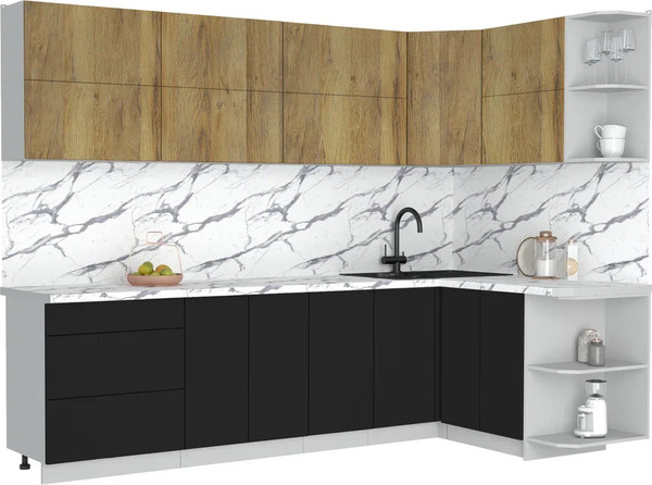 Изображение товара Кухонный гарнитур Интерлиния Мила Матте 1.5x2.8 А PR (дуб вотан/черный/белый гранит)