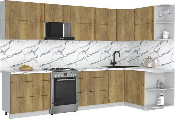 Изображение товара Кухонный гарнитур Интерлиния Мила Матте 1.5x3.2 Б PR (дуб вотан/дуб вотан/белый гранит)