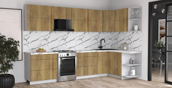 Изображение товара Кухонный гарнитур Интерлиния Мила Матте 1.5x3.2 Б PR (дуб вотан/дуб вотан/белый гранит)