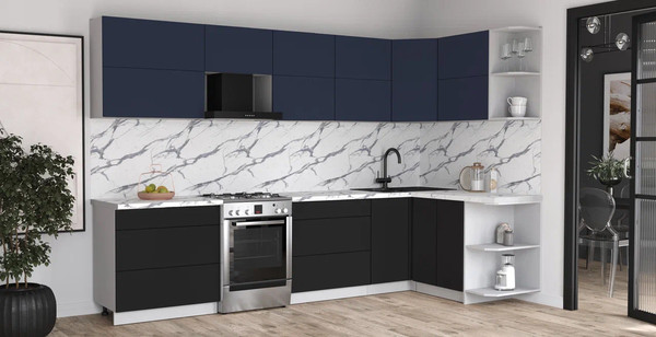 Изображение товара Кухонный гарнитур Интерлиния Мила Матте 1.5x3.2 Б PR (индиго/черный/белый гранит)