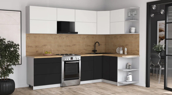 Изображение товара Кухонный гарнитур Интерлиния Мила Матте 1.5x2.8 Б PR (белый/черный/дуб бунратти)