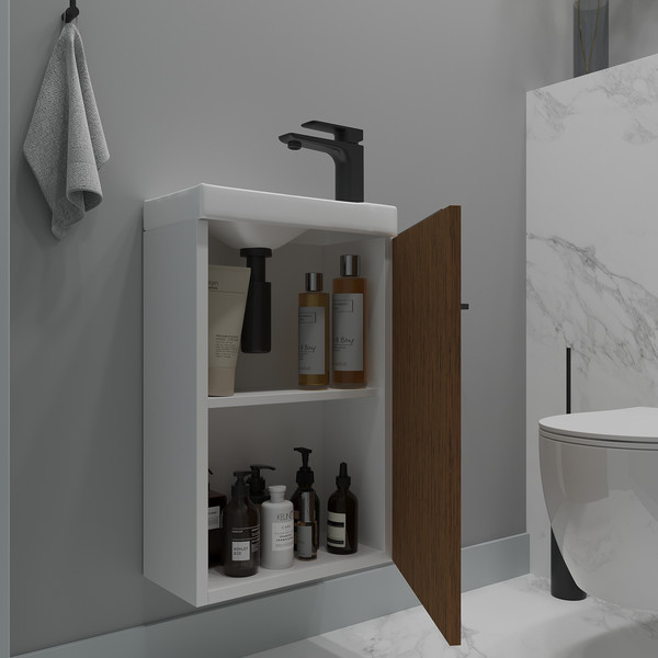 Изображение товара Тумба с умывальником ЗОВ Монови Слим 40 / S40LW0MRM-OL9268 (белый/тростник)