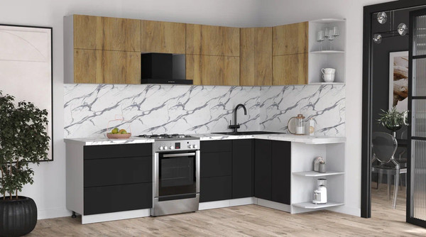Изображение товара Кухонный гарнитур Интерлиния Мила Матте 1.5x2.8 Б PR (дуб вотан/черный/белый гранит)