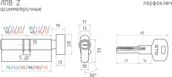Изображение товара Цилиндровый механизм замка Нора-М STD Z ЛПВ-110 60-50в (хром, хедер)
