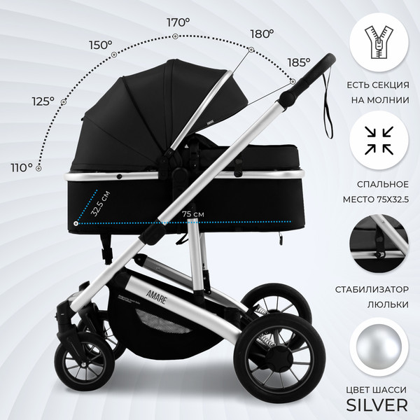 Изображение товара Детская универсальная коляска Sweet Baby Amare 3в1 (черный)