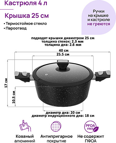 Изображение товара Кастрюля Elan Gallery Fierra / 130050 (4л, черный мрамор)