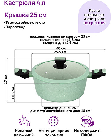 Изображение товара Кастрюля Elan Gallery Fierra / 130052 (4л, зеленый мрамор)