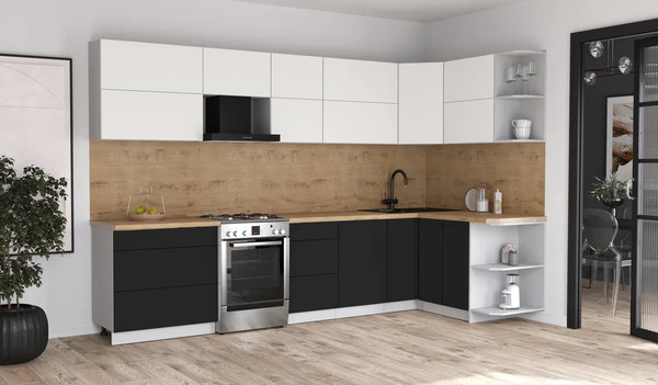 Изображение товара Кухонный гарнитур Интерлиния Мила Матте 1.5x3.3 Б PR (белый/черный/дуб бунратти)