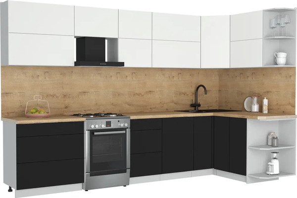 Изображение товара Кухонный гарнитур Интерлиния Мила Матте 1.5x3.3 Б PR (белый/черный/дуб бунратти)