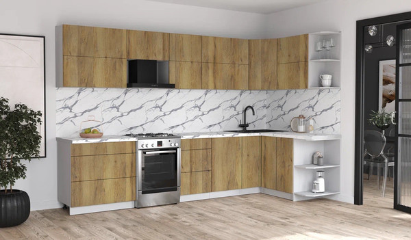 Изображение товара Кухонный гарнитур Интерлиния Мила Матте 1.5x3.3 Б PR (дуб вотан/дуб вотан/белый гранит)