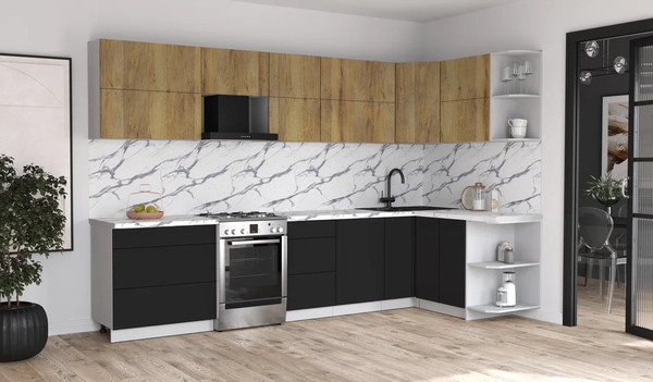 Изображение товара Кухонный гарнитур Интерлиния Мила Матте 1.5x3.3 Б PR (дуб вотан/черный/белый гранит)