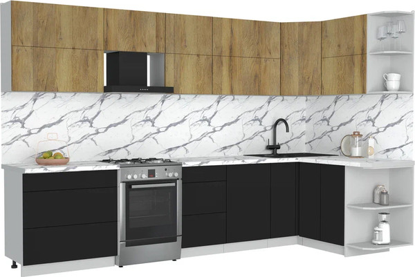 Изображение товара Кухонный гарнитур Интерлиния Мила Матте 1.5x3.3 Б PR (дуб вотан/черный/белый гранит)