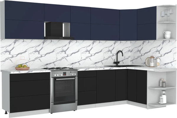 Изображение товара Кухонный гарнитур Интерлиния Мила Матте 1.5x3.3 Б PR (индиго/черный/белый гранит)