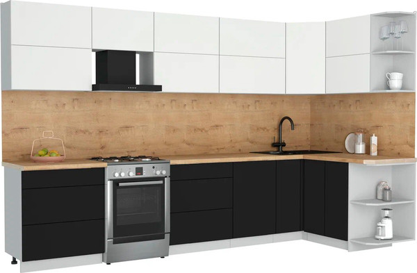 Изображение товара Кухонный гарнитур Интерлиния Мила Матте 1.5x3.4 Б PR (белый/черный/дуб бунратти)