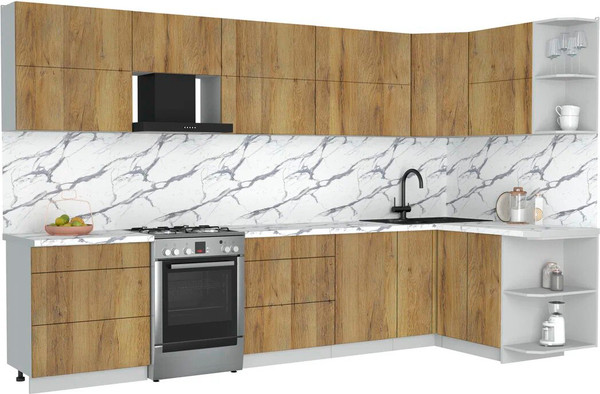 Изображение товара Кухонный гарнитур Интерлиния Мила Матте 1.5x3.4 Б PR (дуб вотан/дуб вотан/белый гранит)