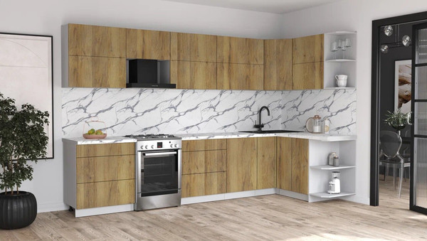 Изображение товара Кухонный гарнитур Интерлиния Мила Матте 1.5x3.4 Б PR (дуб вотан/дуб вотан/белый гранит)