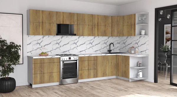 Изображение товара Кухонный гарнитур Интерлиния Мила Матте 1.5x3.5 Б PR (дуб вотан/дуб вотан/белый гранит)