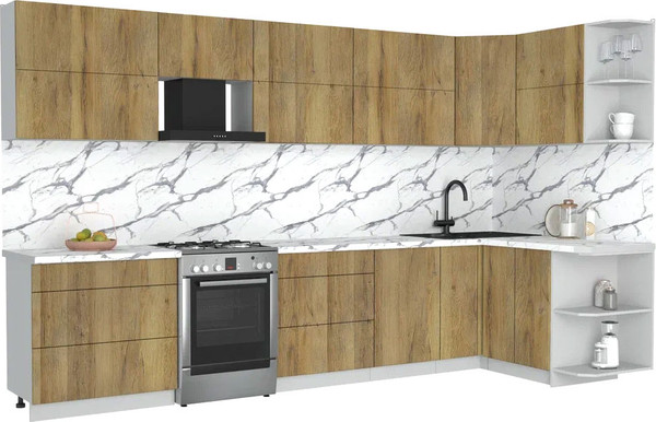 Изображение товара Кухонный гарнитур Интерлиния Мила Матте 1.5x3.5 Б PR (дуб вотан/дуб вотан/белый гранит)
