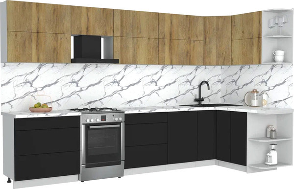 Изображение товара Кухонный гарнитур Интерлиния Мила Матте 1.5x3.5 Б PR (дуб вотан/черный/белый гранит)
