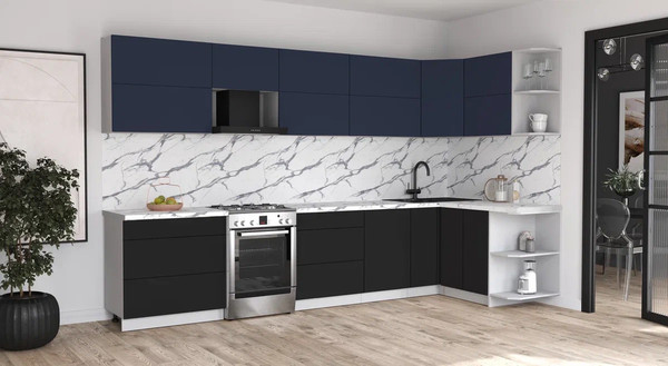 Изображение товара Кухонный гарнитур Интерлиния Мила Матте 1.5x3.5 Б PR (индиго/черный/белый гранит)