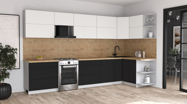 Изображение товара Кухонный гарнитур Интерлиния Мила Матте 1.5x3.6 Б PR (белый/черный/дуб бунратти)