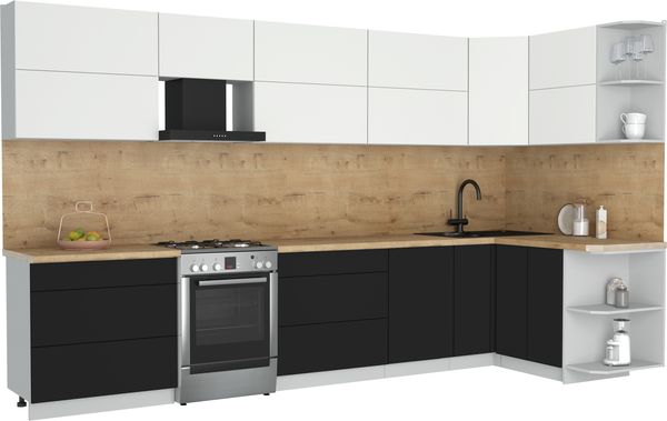 Изображение товара Кухонный гарнитур Интерлиния Мила Матте 1.5x3.6 Б PR (белый/черный/дуб бунратти)