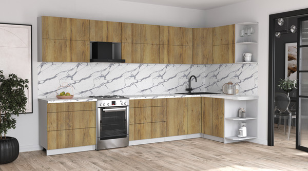 Изображение товара Кухонный гарнитур Интерлиния Мила Матте 1.5x3.6 Б PR (дуб вотан/дуб вотан/белый гранит)