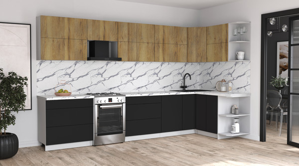 Изображение товара Кухонный гарнитур Интерлиния Мила Матте 1.5x3.6 Б PR (дуб вотан/черный/белый гранит)