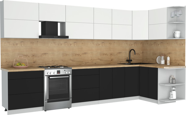 Изображение товара Кухонный гарнитур Интерлиния Мила Матте 1.5x3.7 Б PR (белый/черный/дуб бунратти)