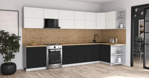 Изображение товара Кухонный гарнитур Интерлиния Мила Матте 1.5x3.7 Б PR (белый/черный/дуб бунратти)