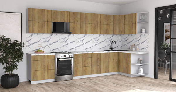 Изображение товара Кухонный гарнитур Интерлиния Мила Матте 1.5x3.7 Б PR (дуб вотан/дуб вотан/белый гранит)