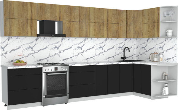 Изображение товара Кухонный гарнитур Интерлиния Мила Матте 1.5x3.7 Б PR (дуб вотан/черный/белый гранит)