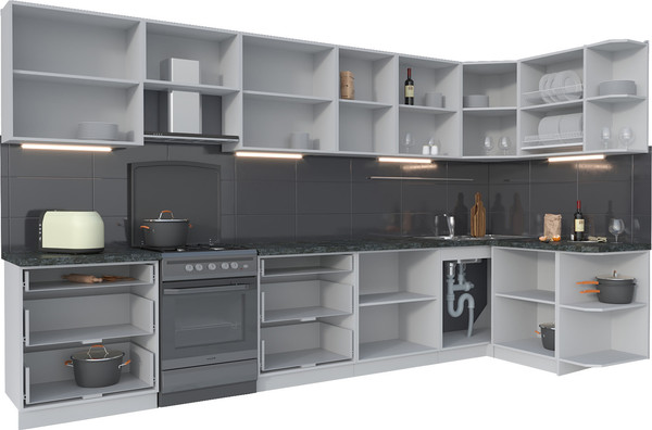 Изображение товара Кухонный гарнитур Интерлиния Мила Матте 1.5x3.7 Б PR (дуб вотан/черный/белый гранит)