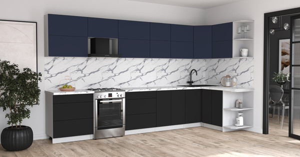 Изображение товара Кухонный гарнитур Интерлиния Мила Матте 1.5x3.7 Б PR (индиго/черный/белый гранит)