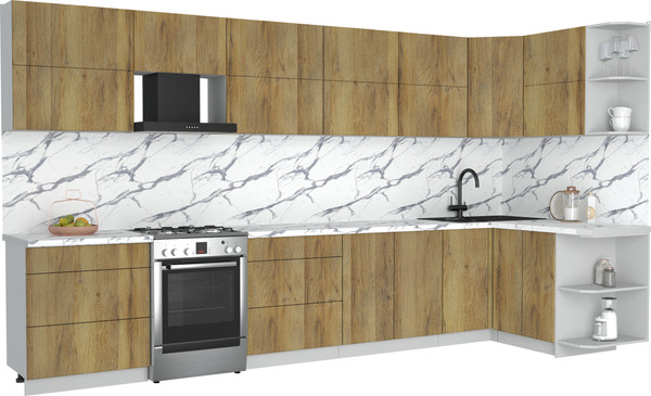 Изображение товара Кухонный гарнитур Интерлиния Мила Матте 1.5x3.8 Б PR (дуб вотан/дуб вотан/белый гранит)