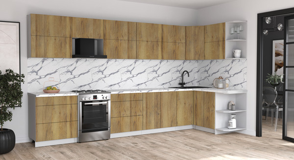 Изображение товара Кухонный гарнитур Интерлиния Мила Матте 1.5x3.8 Б PR (дуб вотан/дуб вотан/белый гранит)