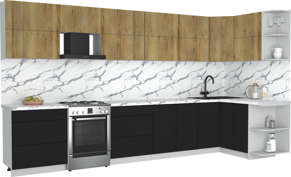 Изображение товара Кухонный гарнитур Интерлиния Мила Матте 1.5x3.8 Б PR (дуб вотан/черный/белый гранит)