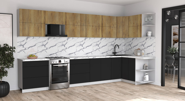 Изображение товара Кухонный гарнитур Интерлиния Мила Матте 1.5x3.8 Б PR (дуб вотан/черный/белый гранит)
