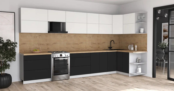 Изображение товара Кухонный гарнитур Интерлиния Мила Матте 1.5x3.9 Б PR (белый/черный/дуб бунратти)