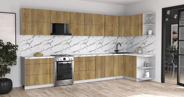 Изображение товара Кухонный гарнитур Интерлиния Мила Матте 1.5x3.9 Б PR (дуб вотан/дуб вотан/белый гранит)