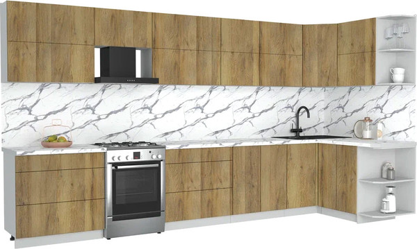 Изображение товара Кухонный гарнитур Интерлиния Мила Матте 1.5x3.9 Б PR (дуб вотан/дуб вотан/белый гранит)