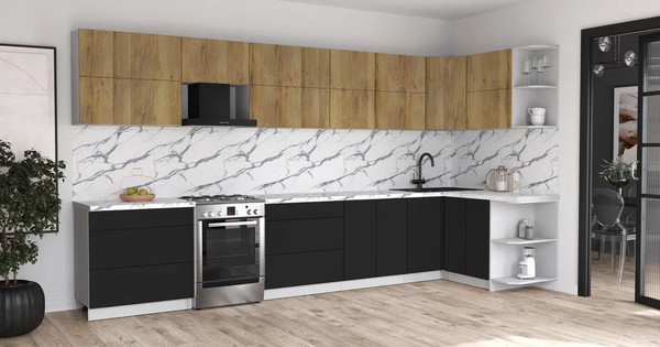 Изображение товара Кухонный гарнитур Интерлиния Мила Матте 1.5x3.9 Б PR (дуб вотан/черный/белый гранит)
