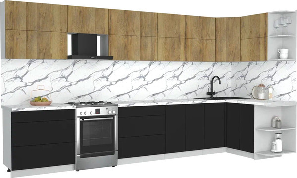 Изображение товара Кухонный гарнитур Интерлиния Мила Матте 1.5x3.9 Б PR (дуб вотан/черный/белый гранит)