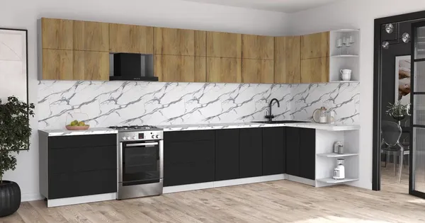 Изображение товара Кухонный гарнитур Интерлиния Мила Матте 1.5x4.0 Б PR (дуб вотан/черный/белый гранит)