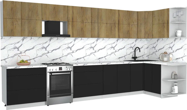 Изображение товара Кухонный гарнитур Интерлиния Мила Матте 1.5x4.0 Б PR (дуб вотан/черный/белый гранит)