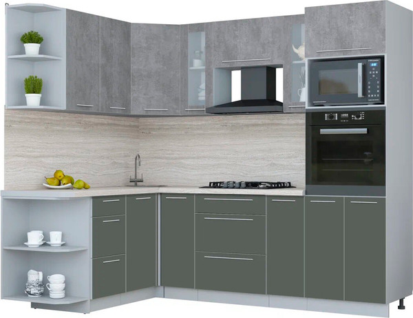 Изображение товара Кухонный гарнитур Интерлиния Мила Пластик 1.68x2.4 LV (оксид темный/шторм/травертин серый)