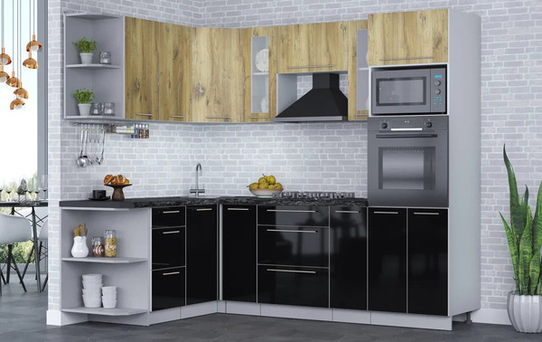 Изображение товара Кухонный гарнитур Интерлиния Мила Пластик 1.68x2.4 LV (дуб эпоксид/черный/кастилло темный)