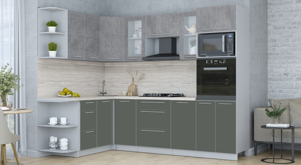 Изображение товара Кухонный гарнитур Интерлиния Мила Пластик 1.68x2.6 LV (оксид темный/шторм/травертин серый)