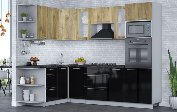 Изображение товара Кухонный гарнитур Интерлиния Мила Пластик 1.68x2.6 LV (дуб эпоксид/черный/кастилло темный)