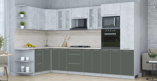 Изображение товара Кухонный гарнитур Интерлиния Мила Пластик 1.68x3.4 LV (оксид светлый/шторм/травертин серый)